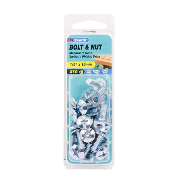 Zenith 1/4" x 15mm Zinc Plated Mushroom Head Bolt And Nut - 15 Pack