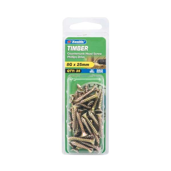 Zenith 8G x 25mm Gold Passivated Countersunk Head Timber Screws - 35 Pack