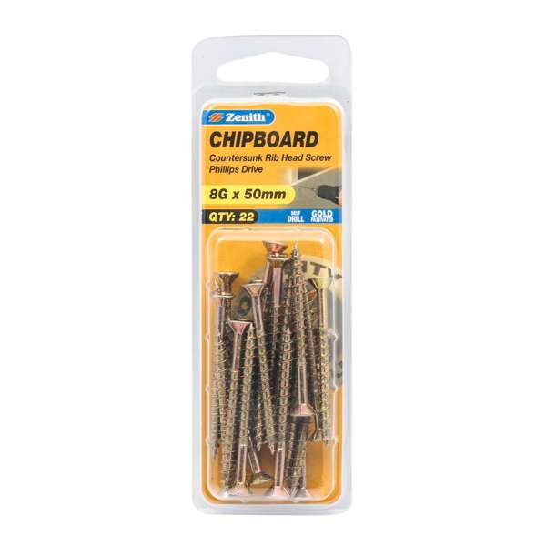 Zenith 8G x 50mm Gold Passivated Countersunk Rib Head Chipboard Screws - 22 Pack