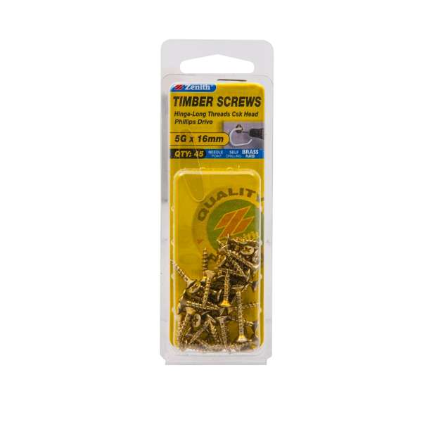 Zenith 5G x 16mm Brass Plated Hinge-Long Threads Countersunk Head Timber Screws - 45 Pack