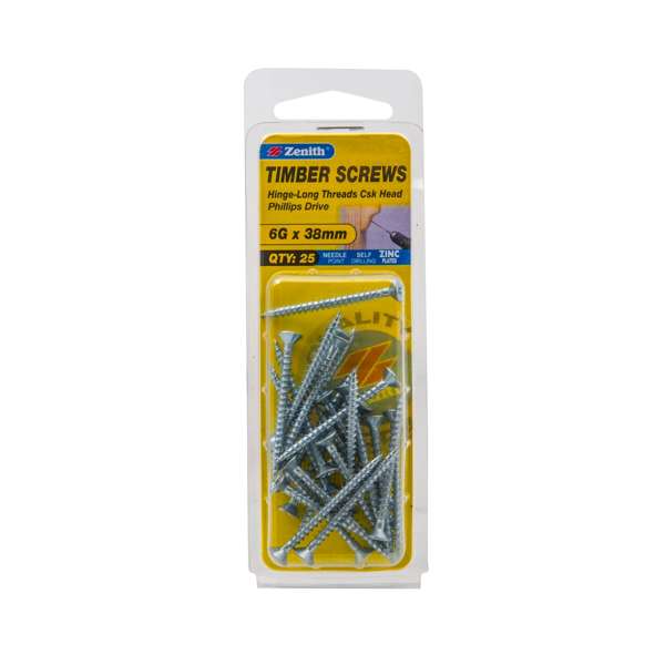 Zenith 6G x 40mm Zinc Plated Hinge-Long Threads Countersunk Head Timber Screws - 25 Pack