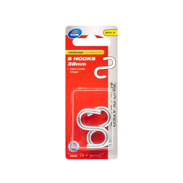 Zenith 38 x 4.3mm Zinc Plated S Hook - 2 Pack