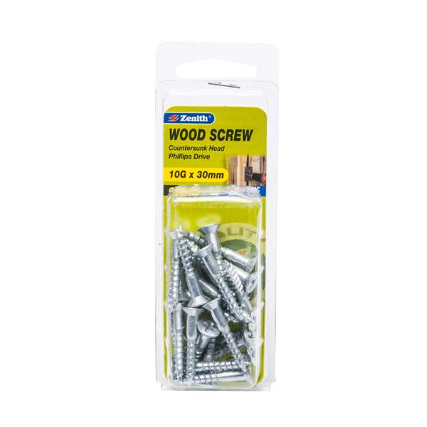 Zenith 10G x 30mm Zinc Plated Countersunk Head Wood Screws - 25 Pack