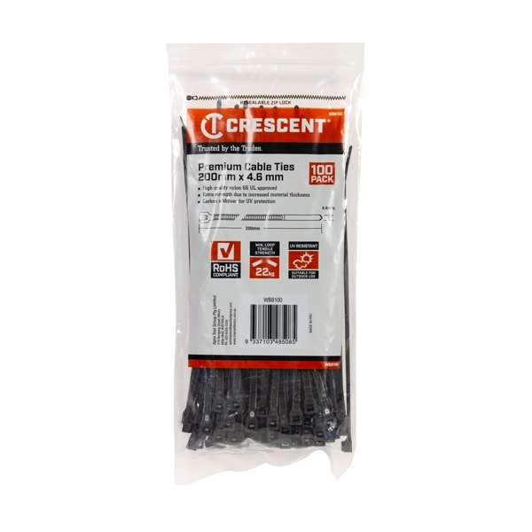 Crescent Cable Ties Black 200 x 4.6mm - 100 Pack