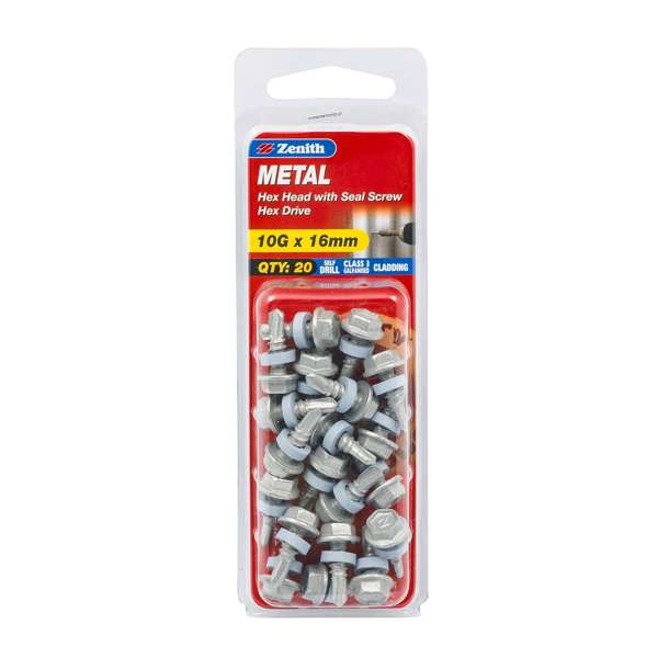 Zenith 10G x 16mm Galvanised Hex Head With Seal Metal Screws - 20 Pack