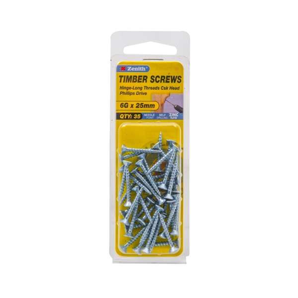 Zenith 6G x 25mm Zinc Plated Hinge-Long Thread Countersunk Head Timber Screws - 35 Pack