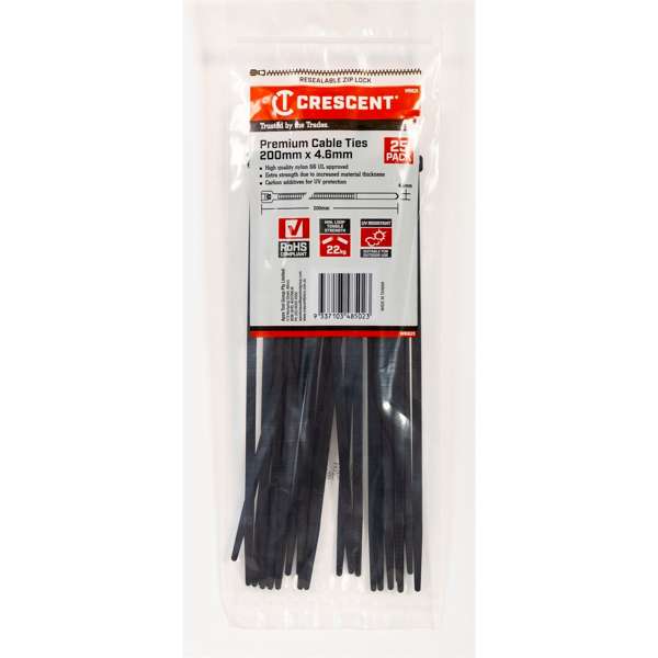 Crescent Cable Ties 200 x 4.6mm Black - 25 Pack