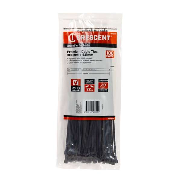 Crescent Cable Ties Black 300mm x 4.8mm - 100 Pack