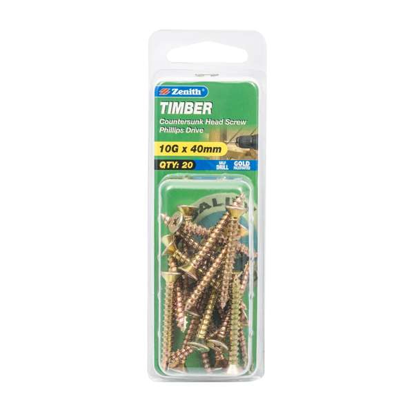 Zenith 10G x 40mm Gold Passivated Countersunk Head Timber Screws - 20 Pack