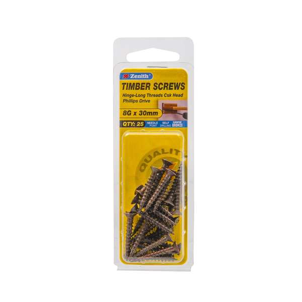 Zenith 8G x 30mm Florentine Bronze Hinge-Long Threads Countersunk Head Timber Screws - 25 Pack