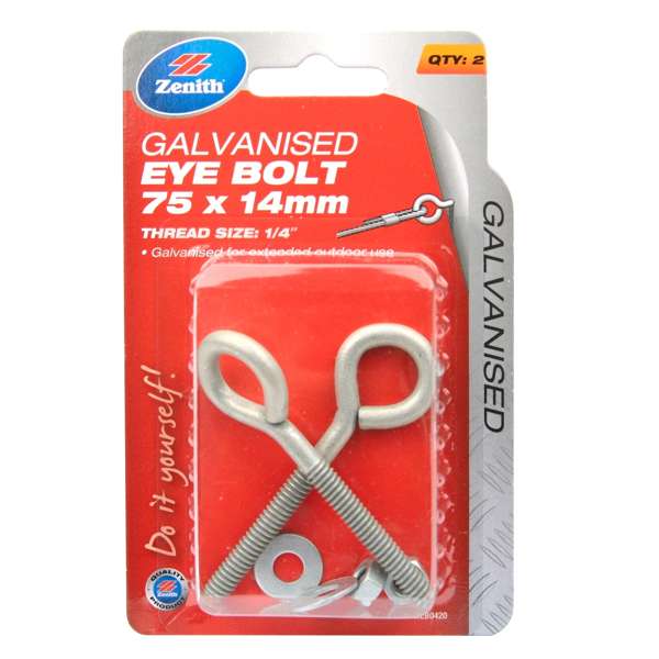 Zenith M6 x 75 x 14mm Galvanised Ring Bolt - 2 Pack