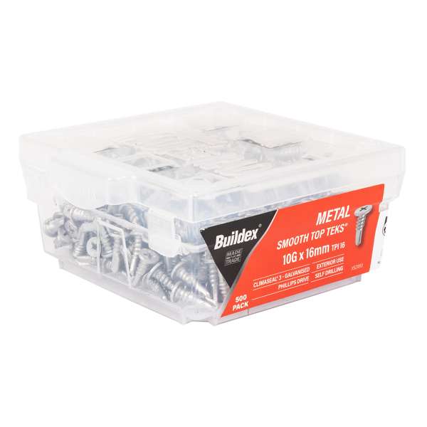 Buildex 10g x 16mm Smooth Top Tek Screws - 500 Box