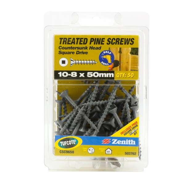 Zenith 10-8 x 50mm Tufcote Countersunk Head Treated Pine Screws - 50 Pack