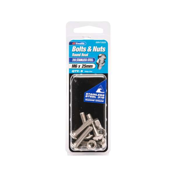 Zenith M6 x 25mm 316 Stainless Steel Round Head Bolt And Nut - 5 Pack