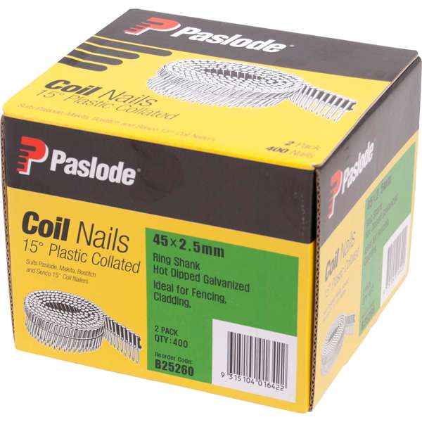 Paslode 45 x 2.5mm 15 Degree Ring Shank Hot Dip Galvanised Plastic Collated Coil Nail - 400 Pack