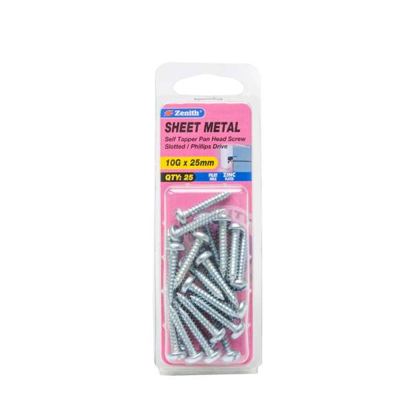 Zenith 10G x 25mm Zinc Plated Self Tapper Pan Head Screws - 25 Pack