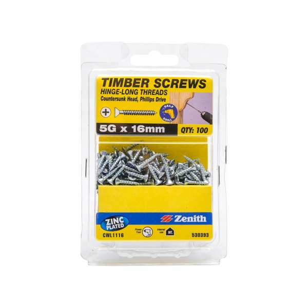 Zenith 5G x 16mm Zinc Plated Hinge-Long Thread Countersunk Head Timber Screws - 100 Pack