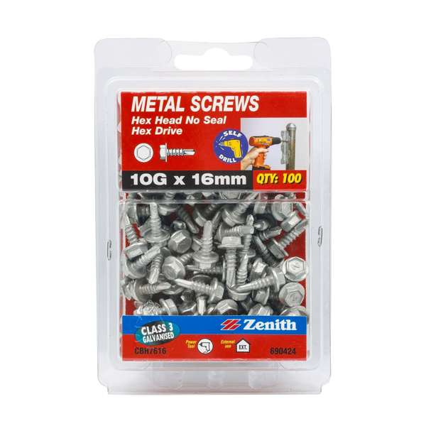 Zenith Metal Screws Hex Head Galvanised 10G x 16mm - 100 Pack