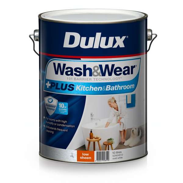 Dulux 10L Interior Paint Wash&Wear +PLUS Kitchen & Bathroom Low Sheen Vivid White