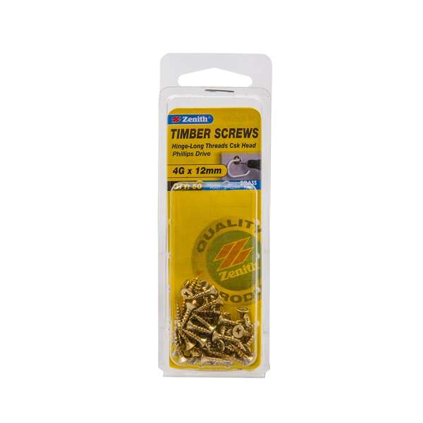 Zenith 4G x 12mm Brass Plated Hinge-Long Threads Countersunk Head Timber Screws - 50 Pack