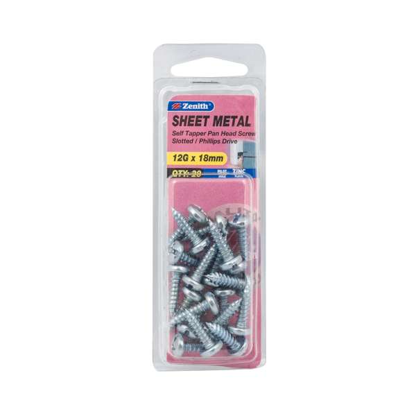 Zenith 12G x 18mm Zinc Plated Self Tapper Pan Head Sheet Metal Screws - 20 Pack