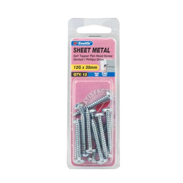 Zenith 12G x 38mm Zinc Plated Self Tapper Pan Head Screws - 12 Pack